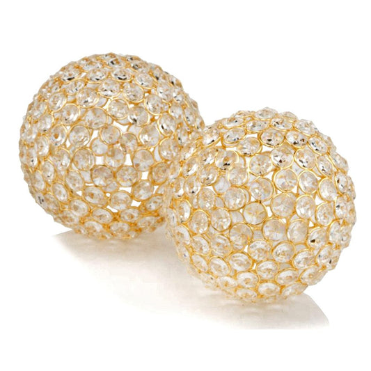 Set Of Two 5" Gold And Faux Crystal Bling Spheres - Homeroots