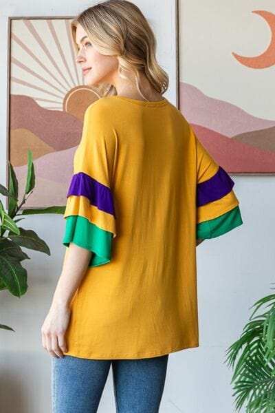 Heimish Full Size Round Neck Color Block Ruffled Half Sleeve Top Plus Size - Trendsi - Flyclothing LLC