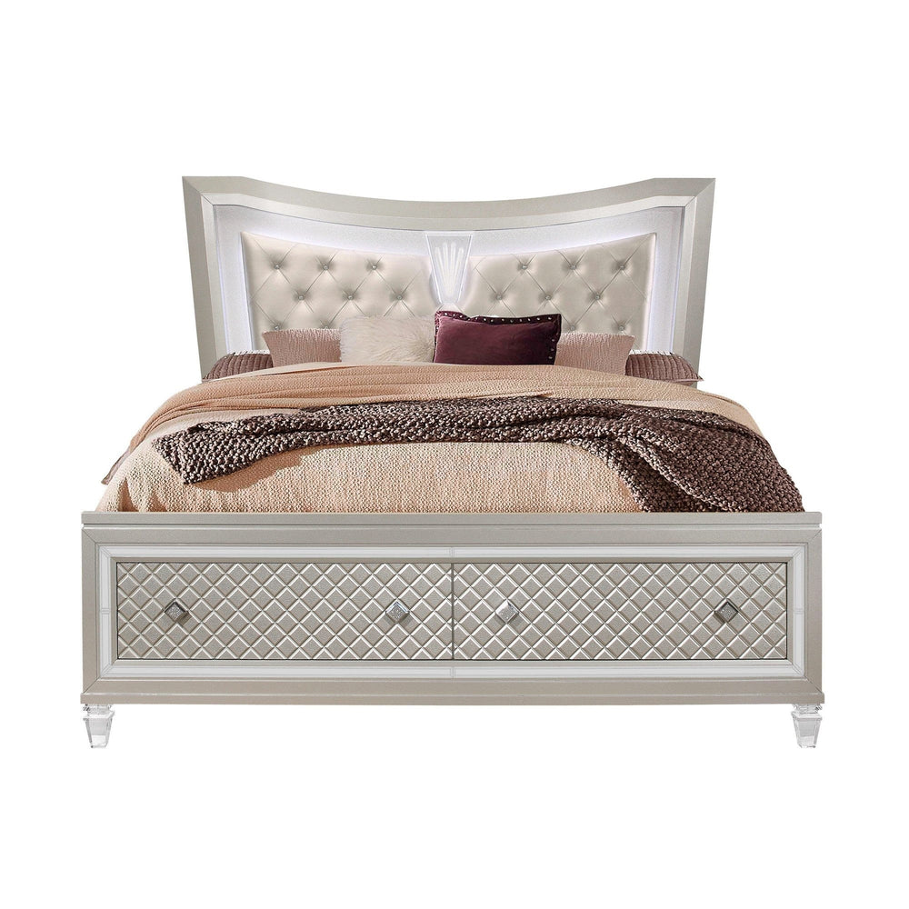Champagne Tone Queen Bed With Padded Headboard  Led Lightning  2 Drawer - Homeroots