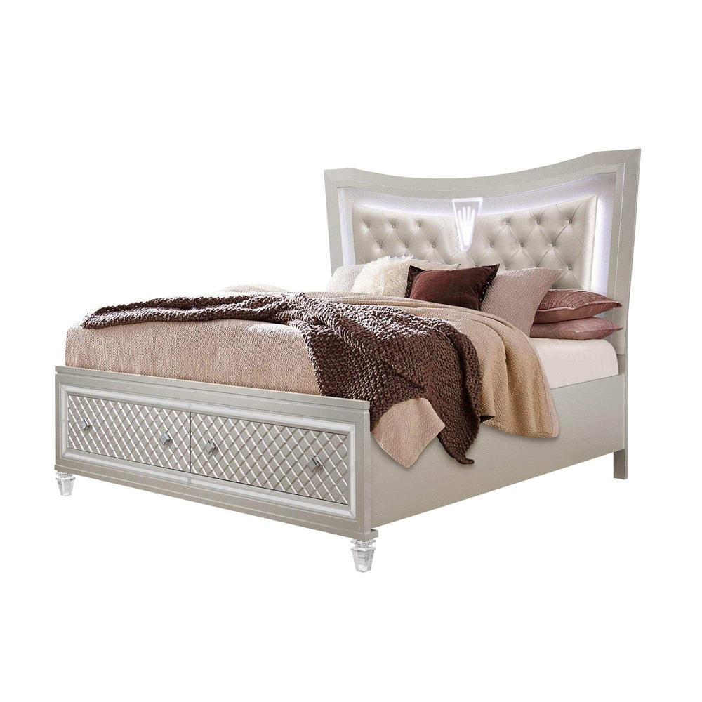 Champagne Tone Queen Bed With Padded Headboard Led Lightning 2 Drawer - Homeroots - Flyclothing LLC