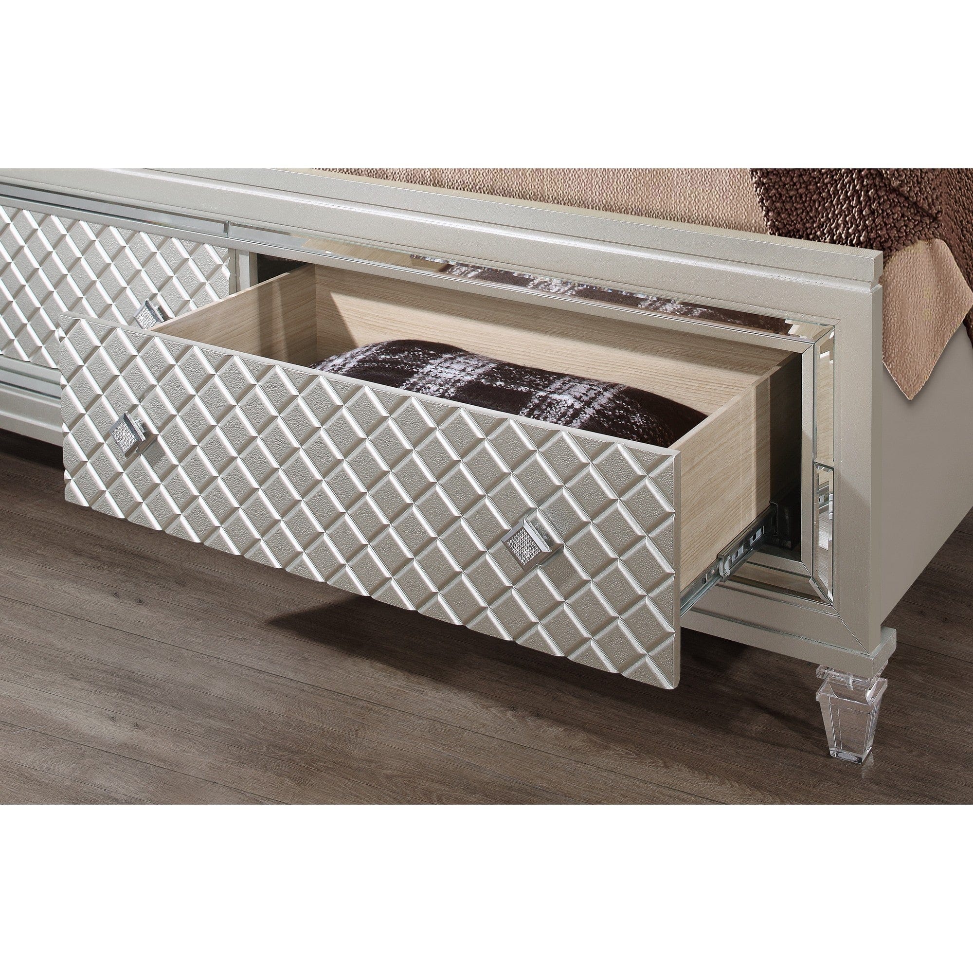 Champagne Tone Queen Bed With Padded Headboard  Led Lightning  2 Drawer - Homeroots