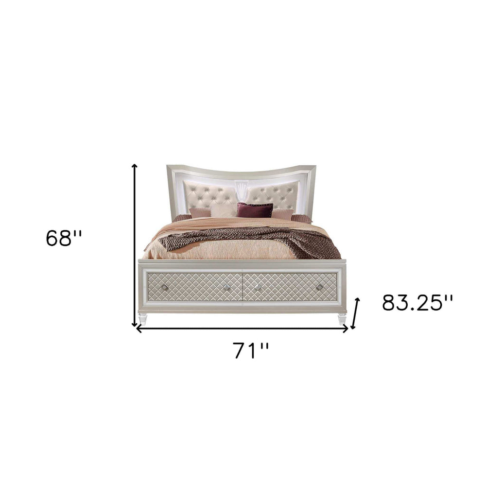 Champagne Tone Queen Bed With Padded Headboard Led Lightning 2 Drawer - Homeroots - Flyclothing LLC
