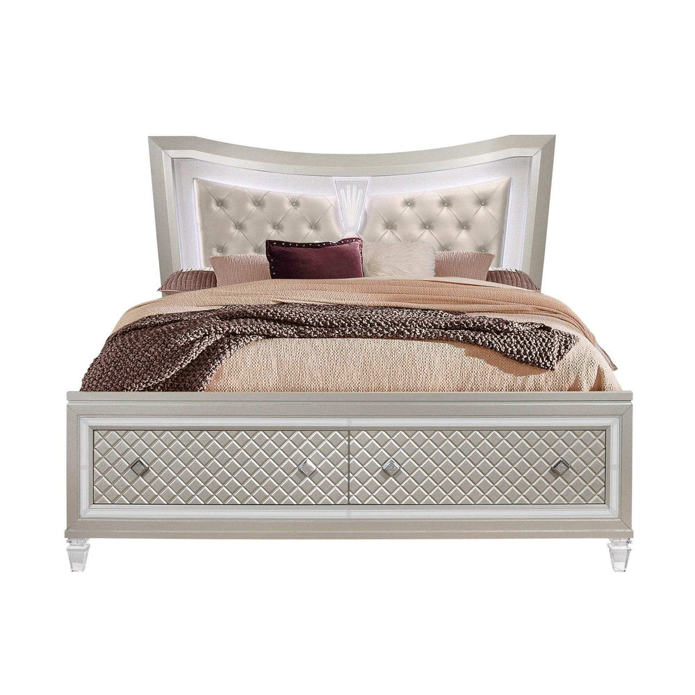 Champagne Tone Queen Bed With Padded Headboard Led Lightning 2 Drawer - Homeroots - Flyclothing LLC