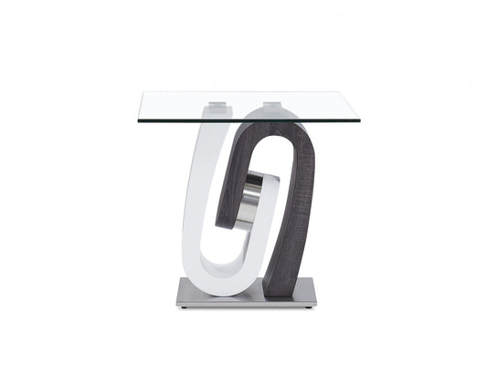 23" White, Grey And Clear Glass Square End Table - Homeroots