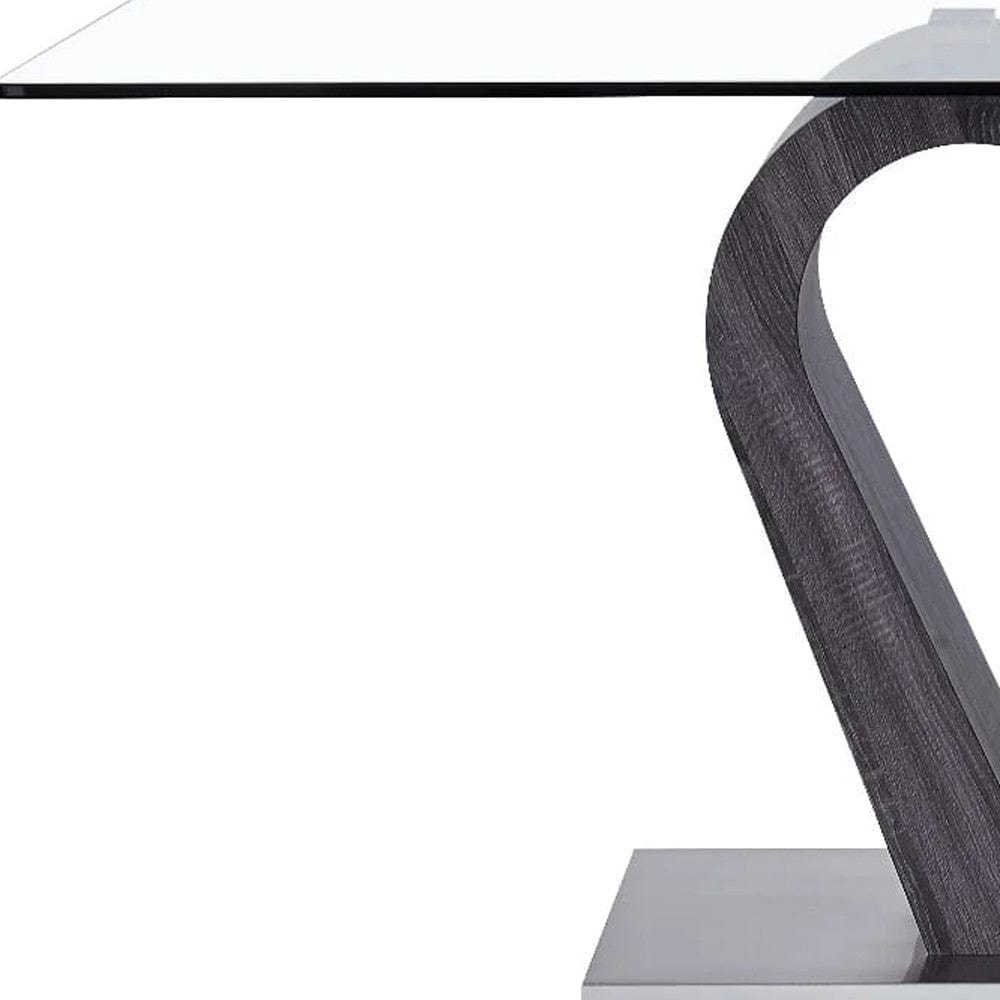 71" Clear And White and Gray Glass And Stainless Steel Pedestal Base Dining Table - Homeroots