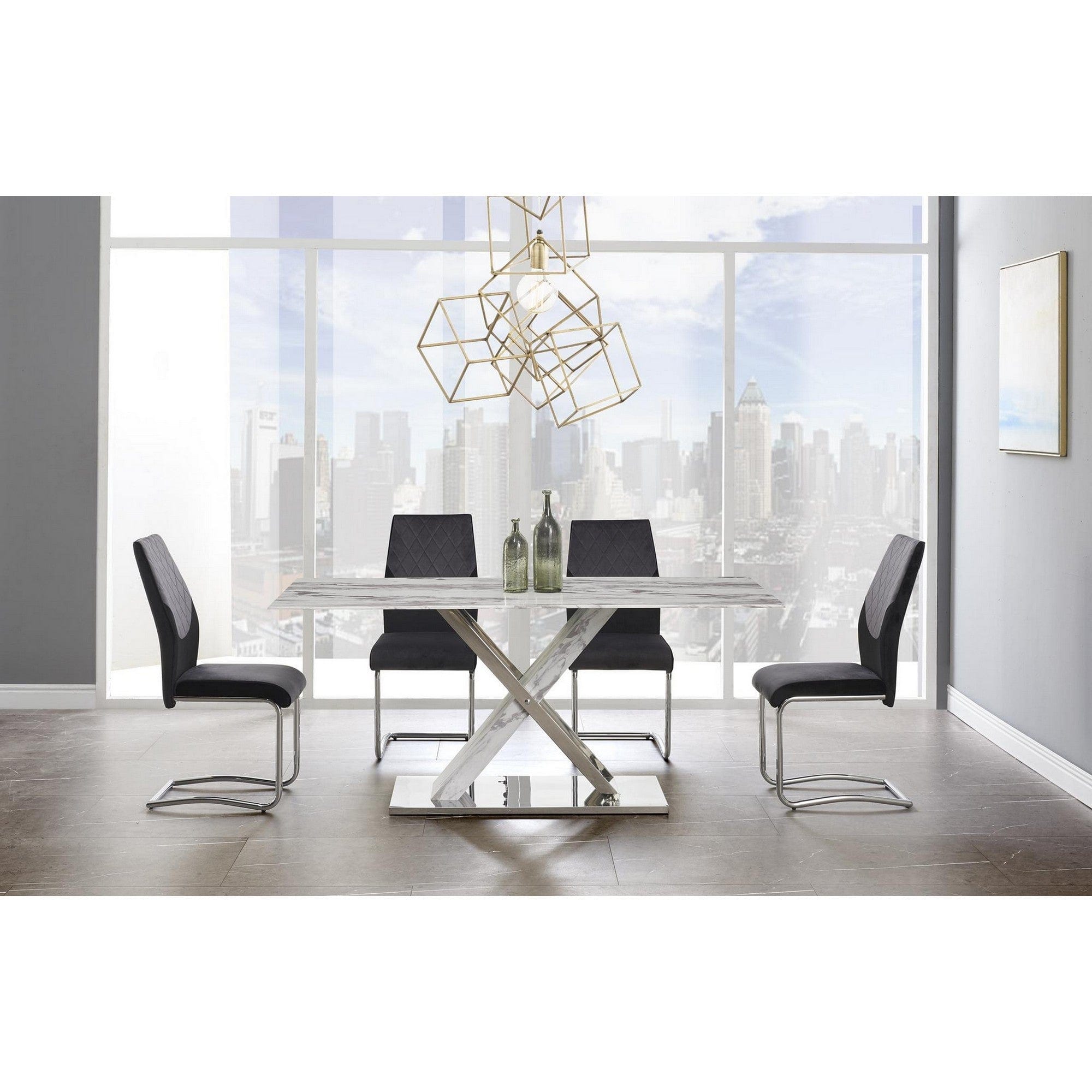 71" Gray and White And Silver Marble And Stainless Steel Pedestal Base Dining Table - Homeroots