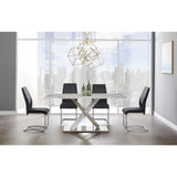 71" Gray and White And Silver Marble And Stainless Steel Pedestal Base Dining Table - Homeroots - Flyclothing LLC
