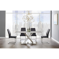 71" Gray and White And Silver Marble And Stainless Steel Pedestal Base Dining Table - Homeroots