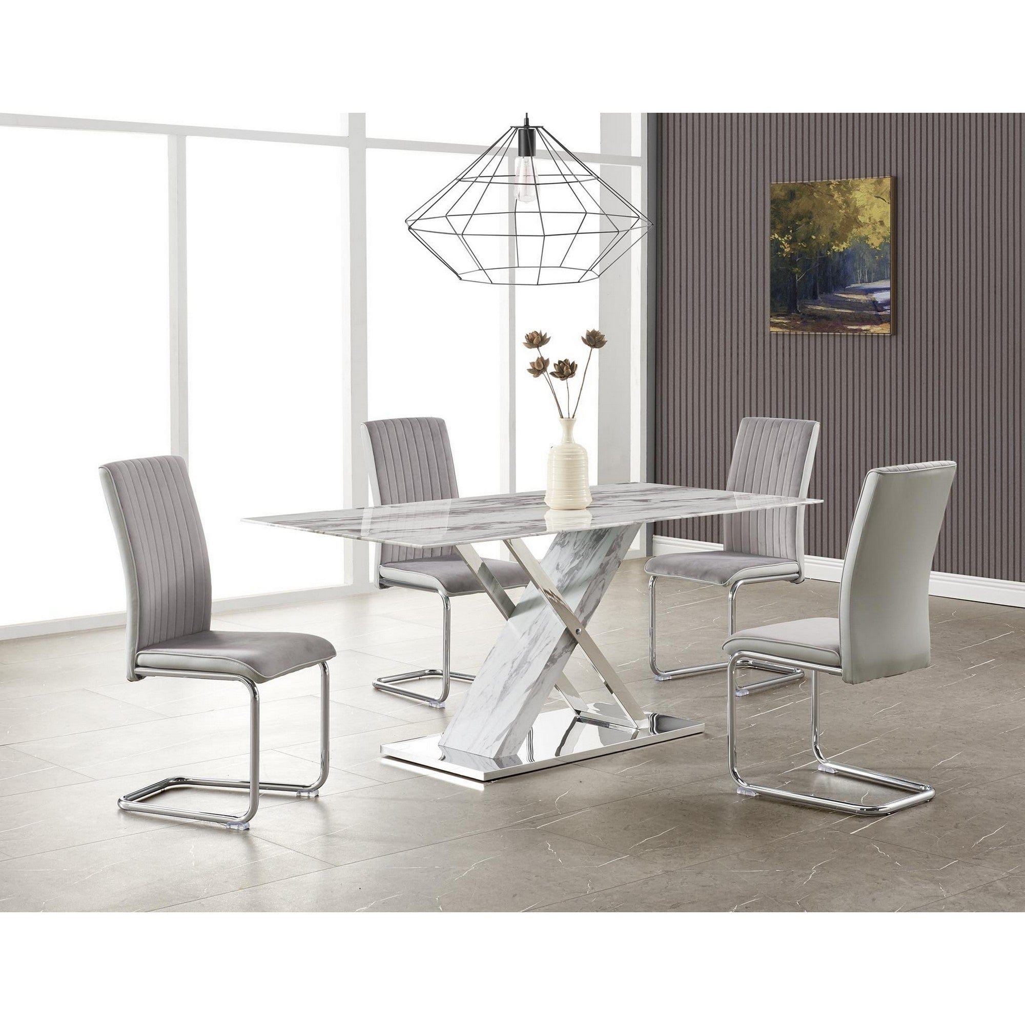 71" Gray and White And Silver Marble And Stainless Steel Pedestal Base Dining Table - Homeroots