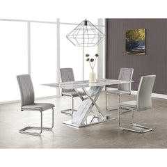 71" Gray and White And Silver Marble And Stainless Steel Pedestal Base Dining Table - Homeroots