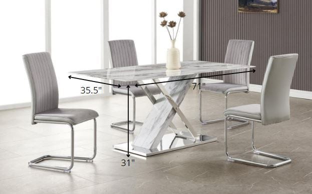 71" Gray and White And Silver Marble And Stainless Steel Pedestal Base Dining Table - Homeroots