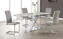 71" Gray and White And Silver Marble And Stainless Steel Pedestal Base Dining Table - Homeroots