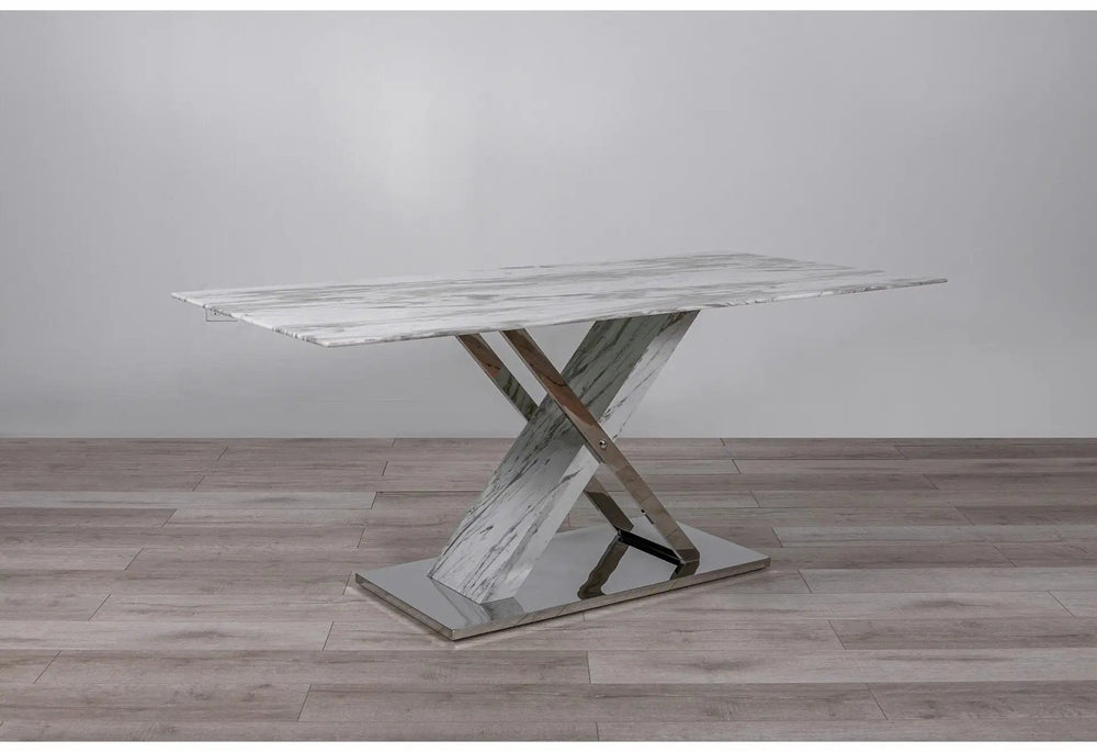 71" Gray and White And Silver Marble And Stainless Steel Pedestal Base Dining Table - Homeroots