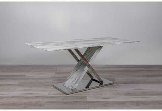 71" Gray and White And Silver Marble And Stainless Steel Pedestal Base Dining Table - Homeroots