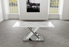 71" Gray and White And Silver Marble And Stainless Steel Pedestal Base Dining Table - Homeroots