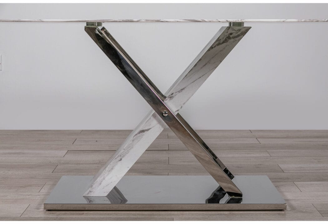 71" Gray and White And Silver Marble And Stainless Steel Pedestal Base Dining Table - Homeroots