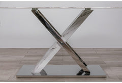 71" Gray and White And Silver Marble And Stainless Steel Pedestal Base Dining Table - Homeroots