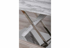 71" Gray and White And Silver Marble And Stainless Steel Pedestal Base Dining Table - Homeroots
