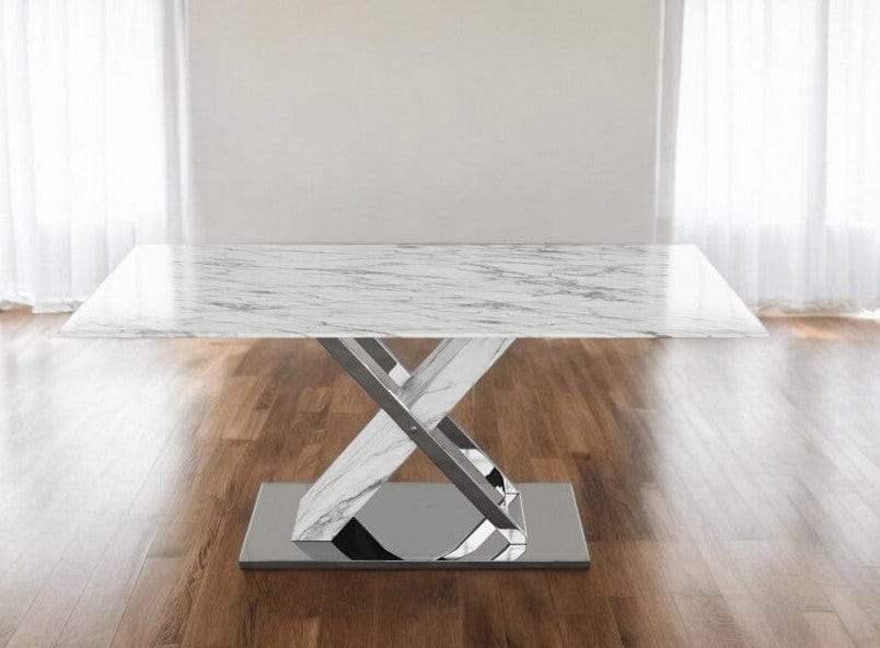 71" Gray and White And Silver Marble And Stainless Steel Pedestal Base Dining Table - Homeroots