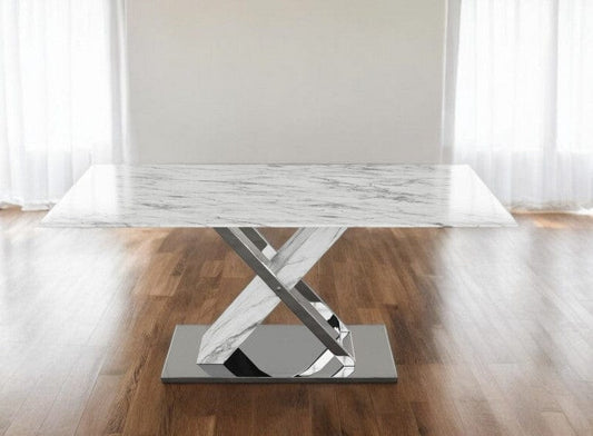 71" Gray and White And Silver Marble And Stainless Steel Pedestal Base Dining Table - Homeroots