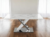 71" Gray and White And Silver Marble And Stainless Steel Pedestal Base Dining Table - Homeroots