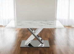 71" Gray and White And Silver Marble And Stainless Steel Pedestal Base Dining Table - Homeroots