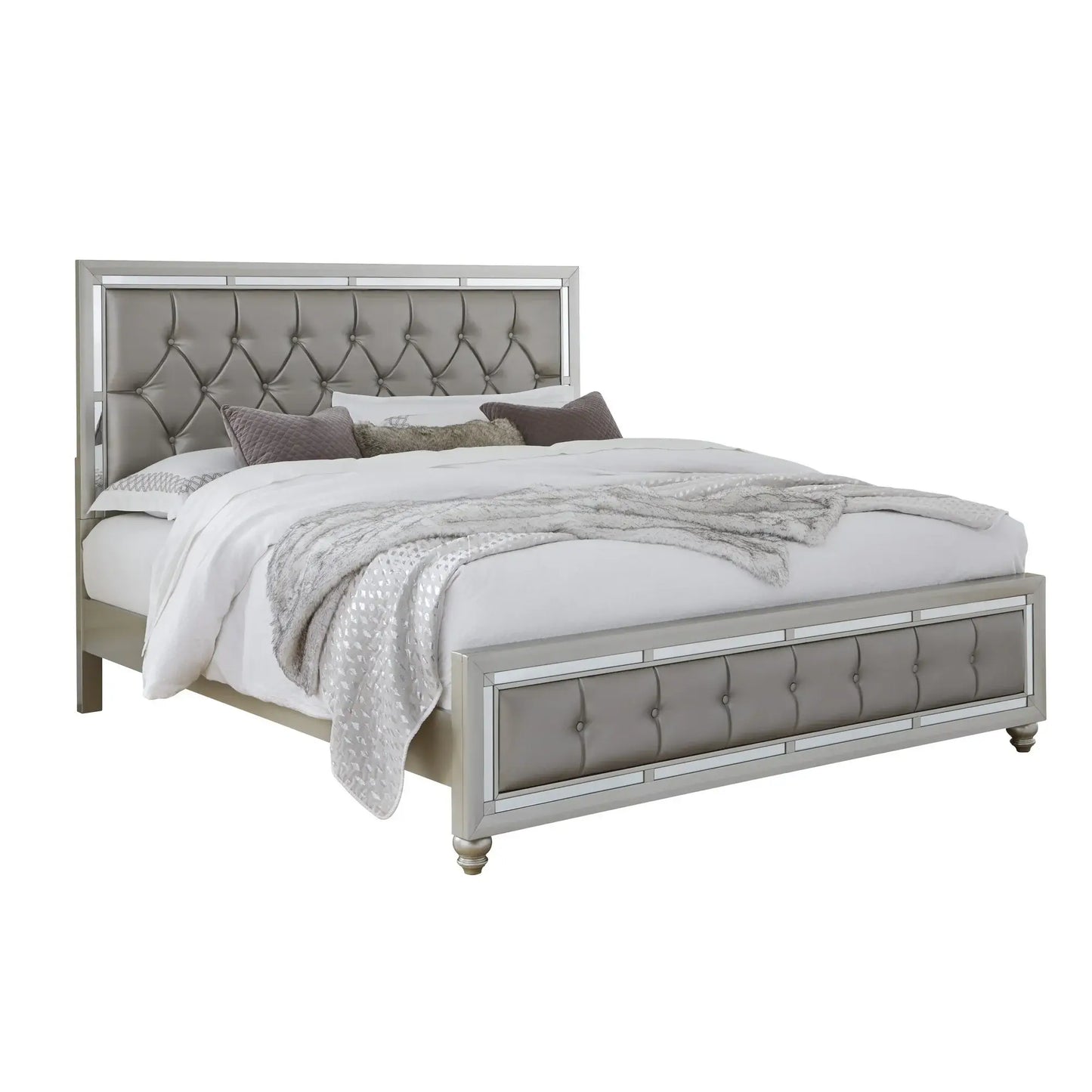 Silver Champagne Tone Queen Bed Padded Headboard Padded Footboard Mirror Trim Accents - Homeroots - Flyclothing LLC