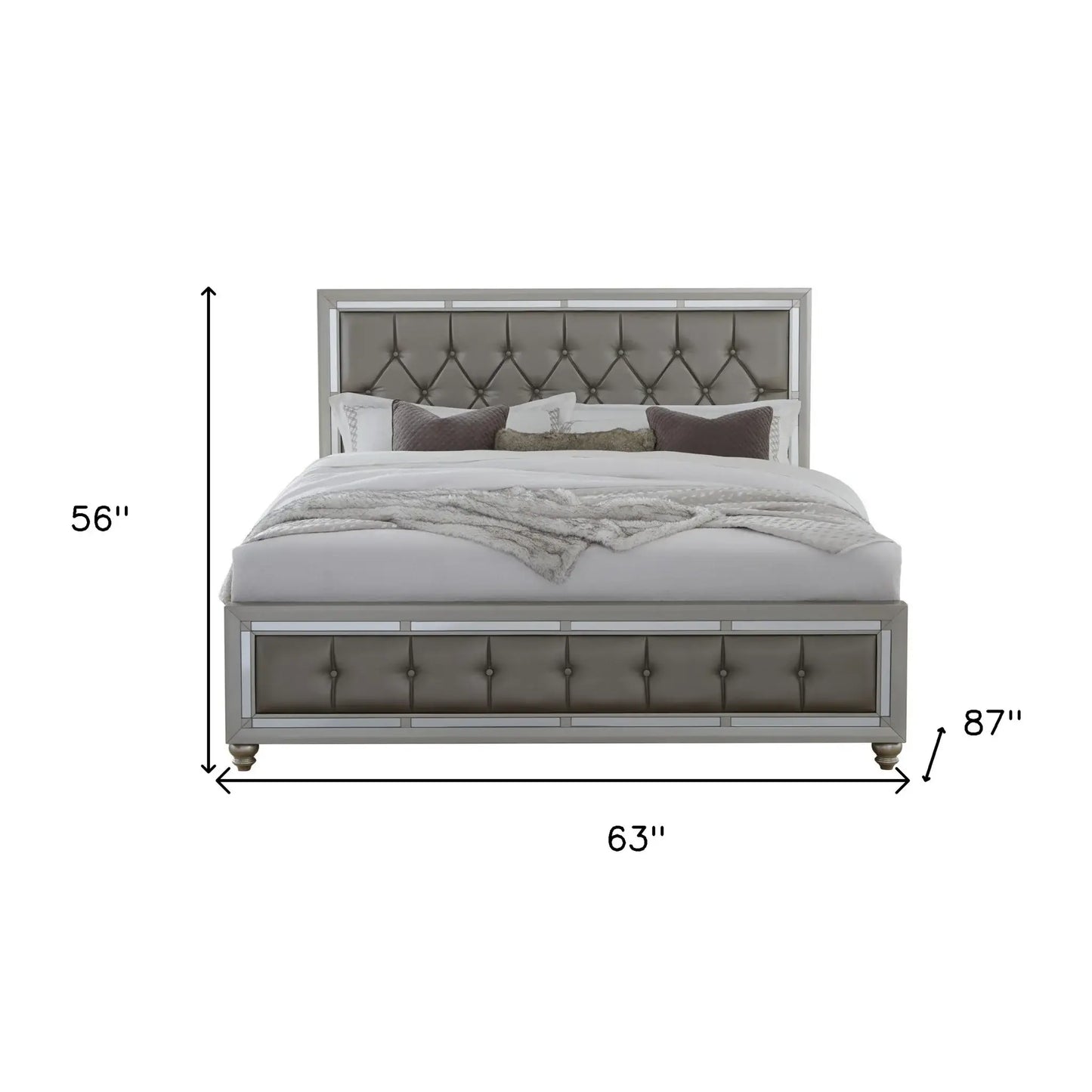 Silver Champagne Tone Queen Bed Padded Headboard Padded Footboard Mirror Trim Accents - Homeroots - Flyclothing LLC