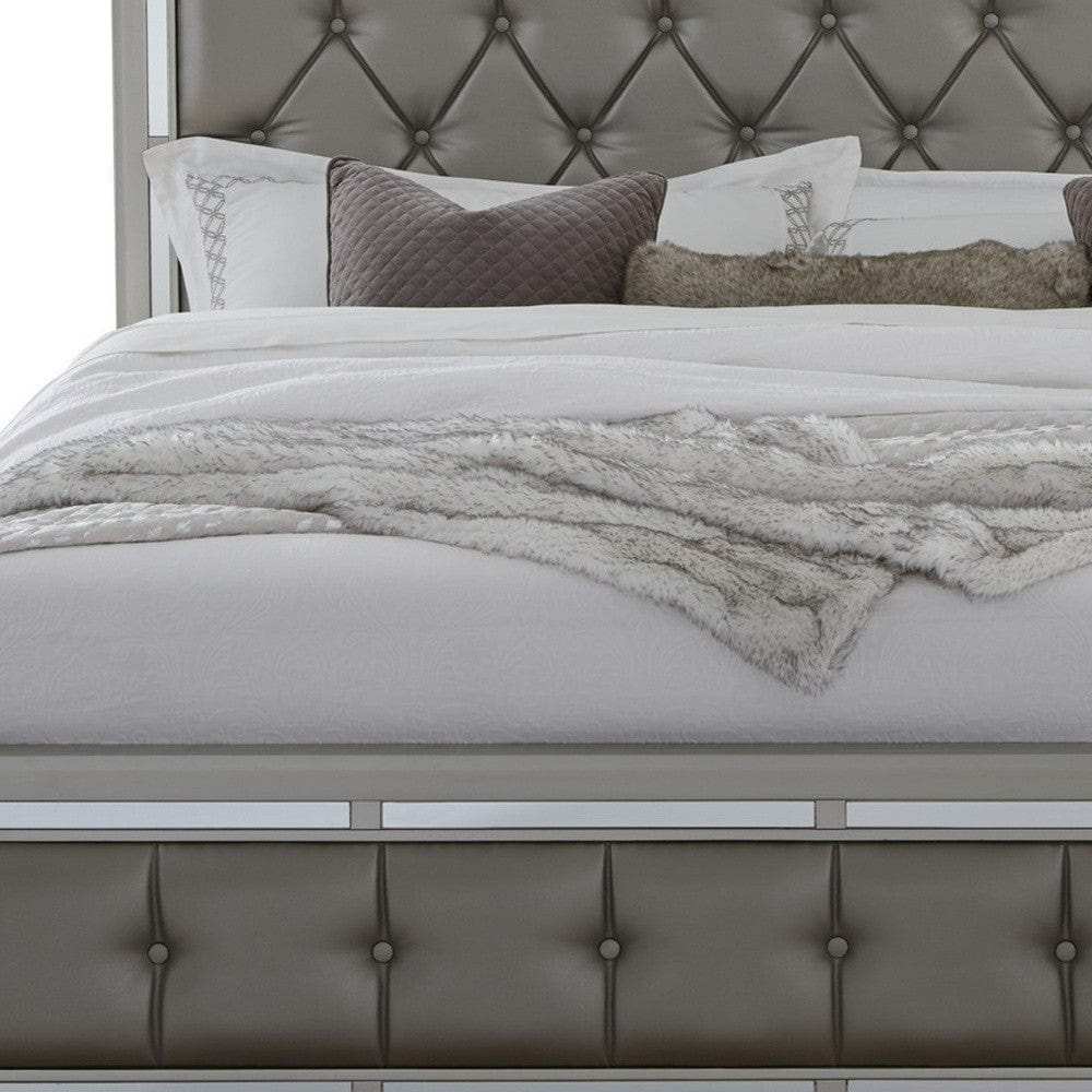 Silver Champagne Tone Queen Bed Padded Headboard Padded Footboard Mirror Trim Accents - Homeroots - Flyclothing LLC