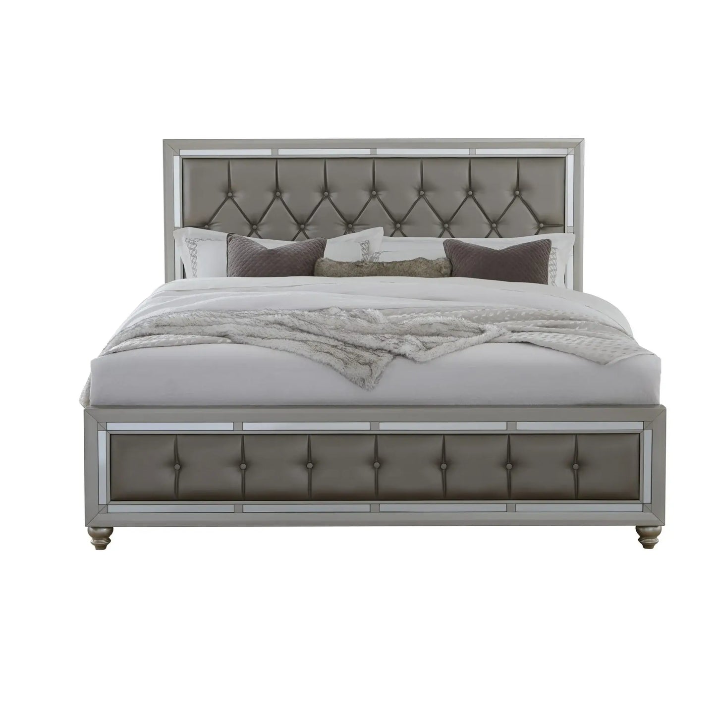 Silver Champagne Tone King Bed Padded Headboard Padded Footboard Mirror Trim Accents - Homeroots - Flyclothing LLC