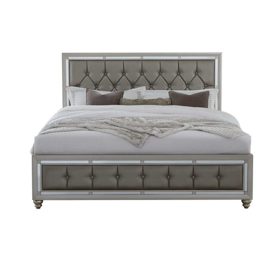 Silver Champagne Tone King Bed Padded Headboard Padded Footboard Mirror Trim Accents - Homeroots - Flyclothing LLC