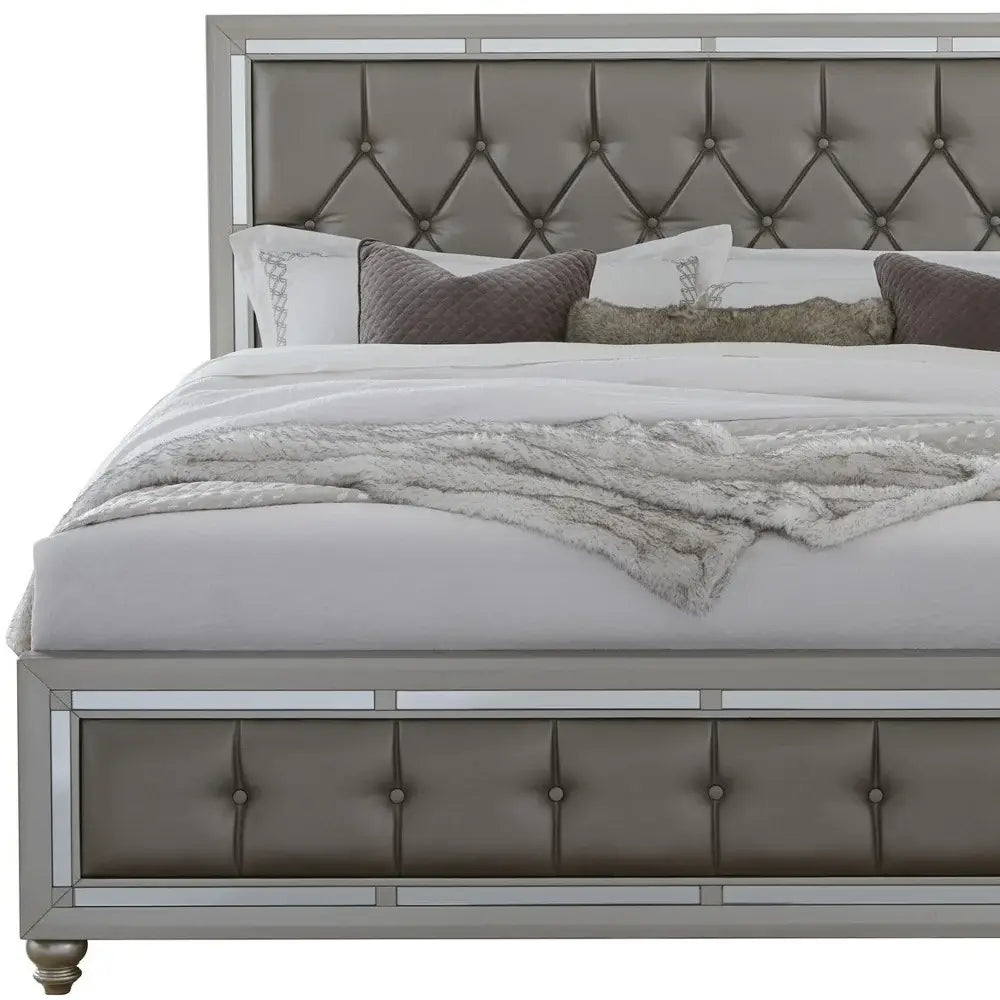 Silver Champagne Tone King Bed Padded Headboard Padded Footboard Mirror Trim Accents - Homeroots - Flyclothing LLC