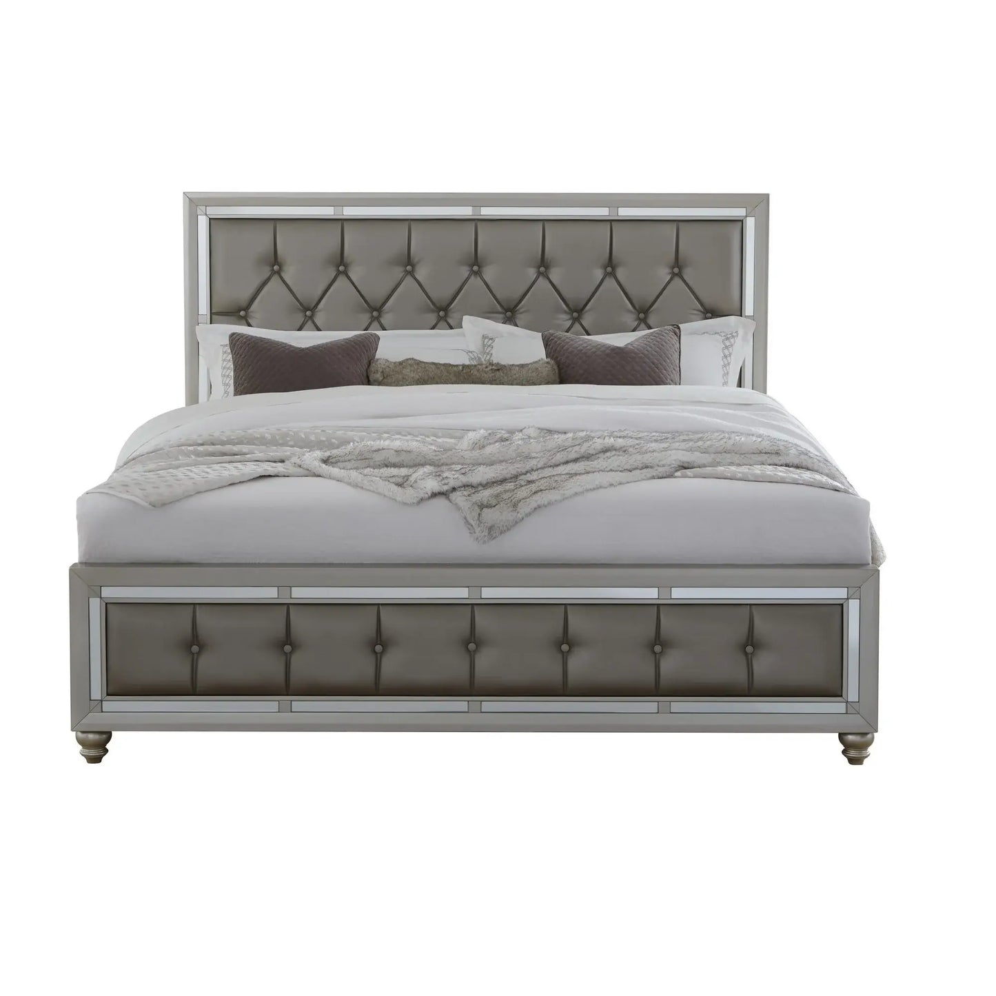 Silver Champagne Tone King Bed Padded Headboard Padded Footboard Mirror Trim Accents - Homeroots - Flyclothing LLC