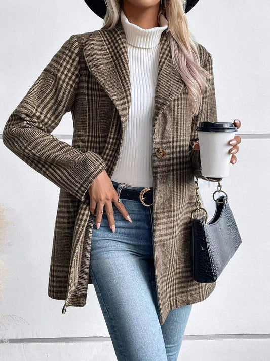 Plaid Collared Neck Long Sleeve Jacket - Trendsi