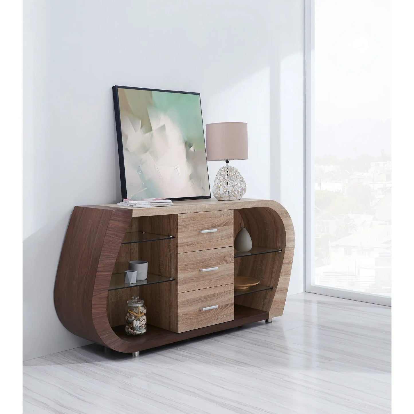Oak And Walnut Multi Tone Buffet With 3 Drawers - Homeroots - Flyclothing LLC