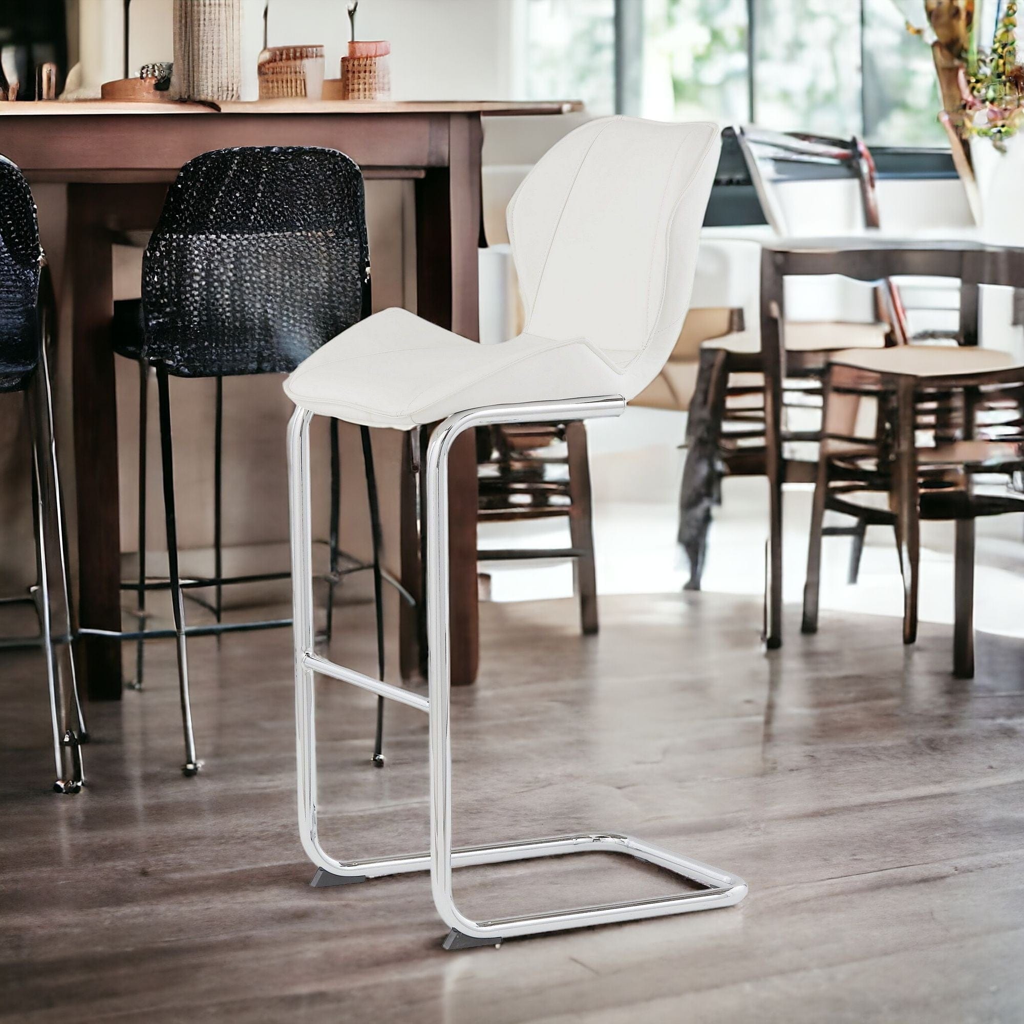 Set of Four 26 " White And Silver Metal Low Back Bar Height Bar Chairs - Homeroots