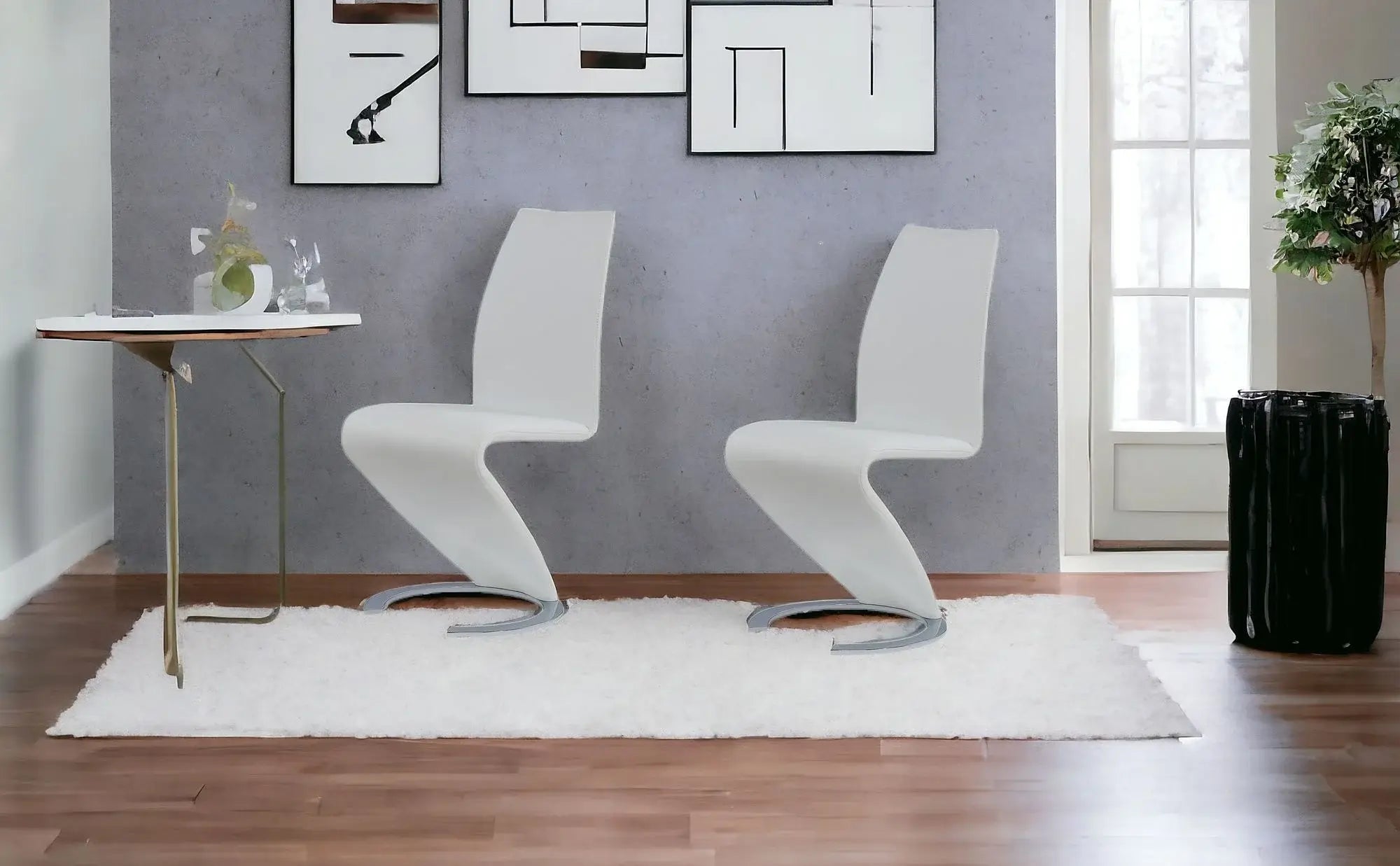 Set of Two White and Silver Upholstered Faux Leather Dining Parsons Chairs - Homeroots - Flyclothing LLC