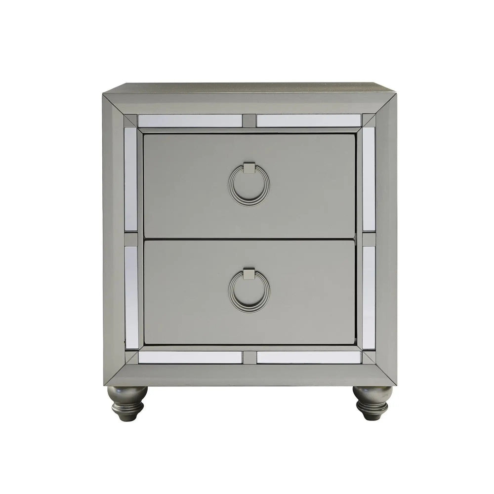 Silver Champagne Tone Nightstand With 2 Drawer  Mirror Trim Accent - Homeroots