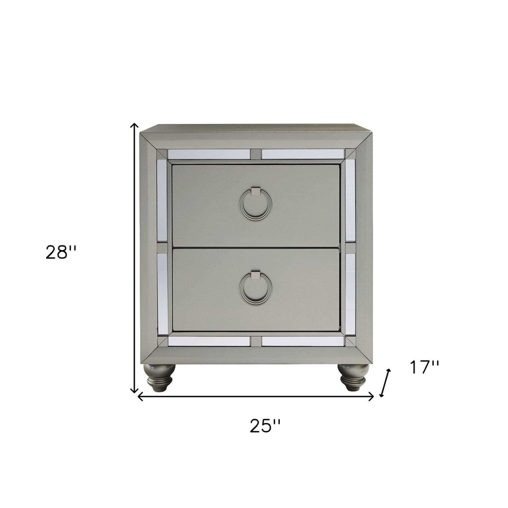 Silver Champagne Tone Nightstand With 2 Drawer Mirror Trim Accent - Homeroots - Flyclothing LLC