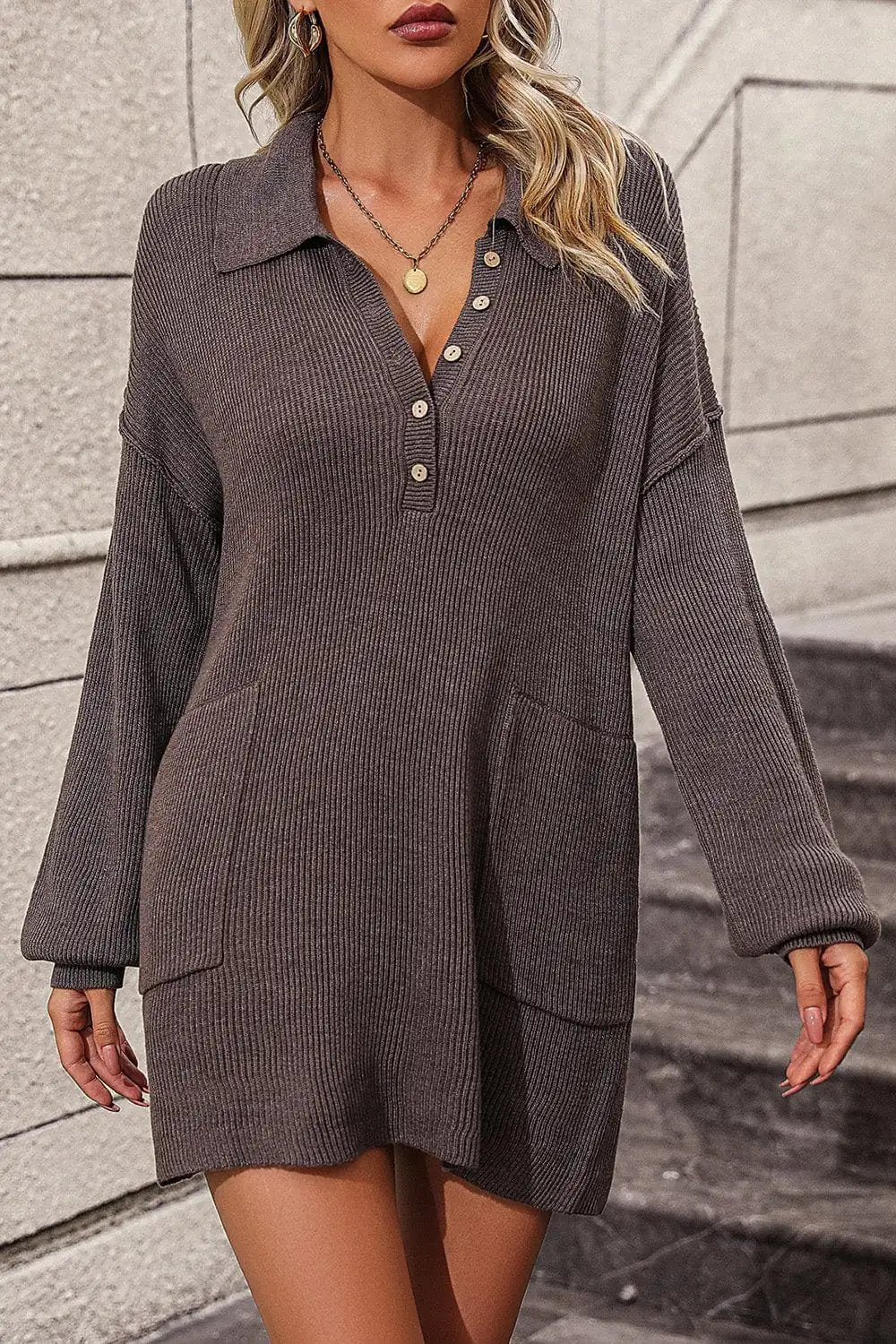 Collared Neck Long Sleeve Sweater Dress with Pockets - Trendsi