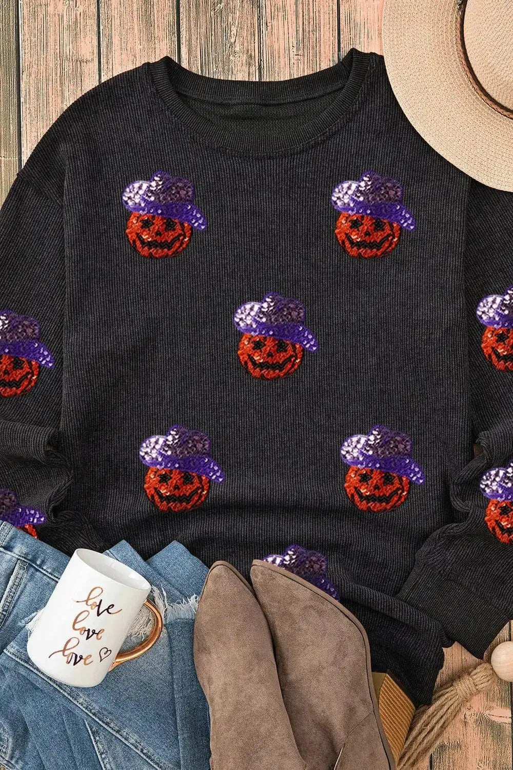 Sequin Pumpkin Long Sleeve Sweatshirt - Trendsi - Flyclothing LLC