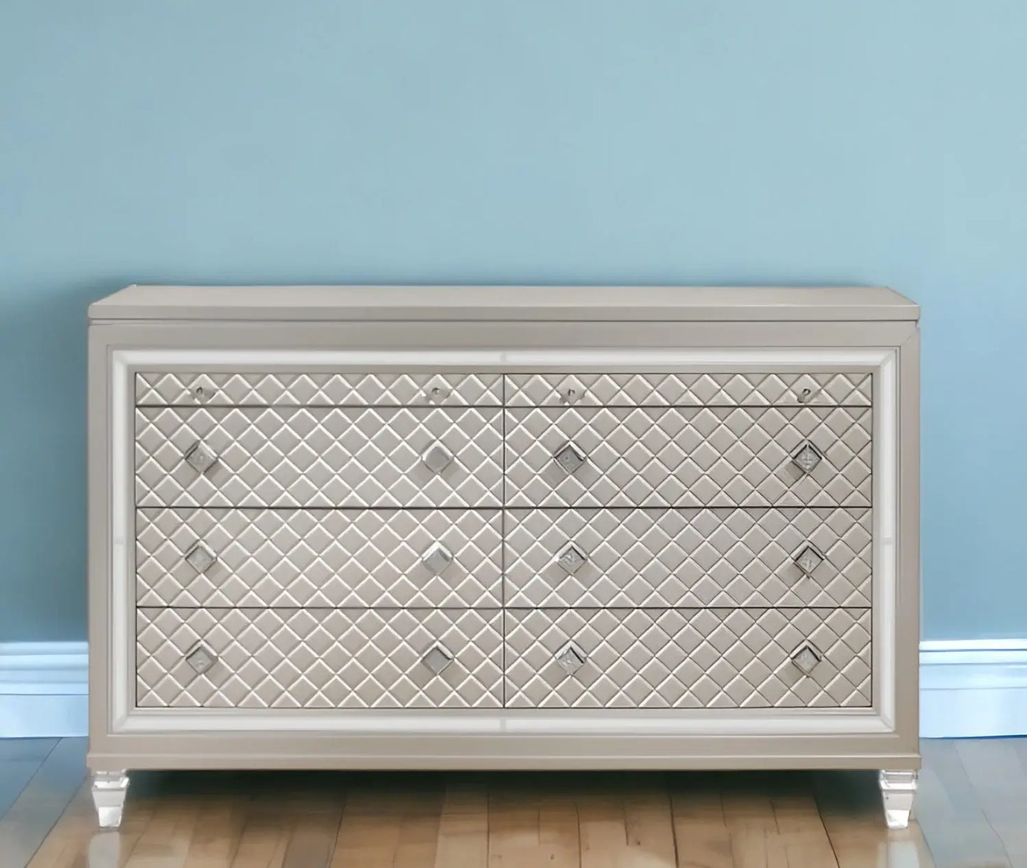 Champagne Toned Dresser With Tapered Acrylic Legs And 2 Jewelry Drawers - Homeroots - Flyclothing LLC