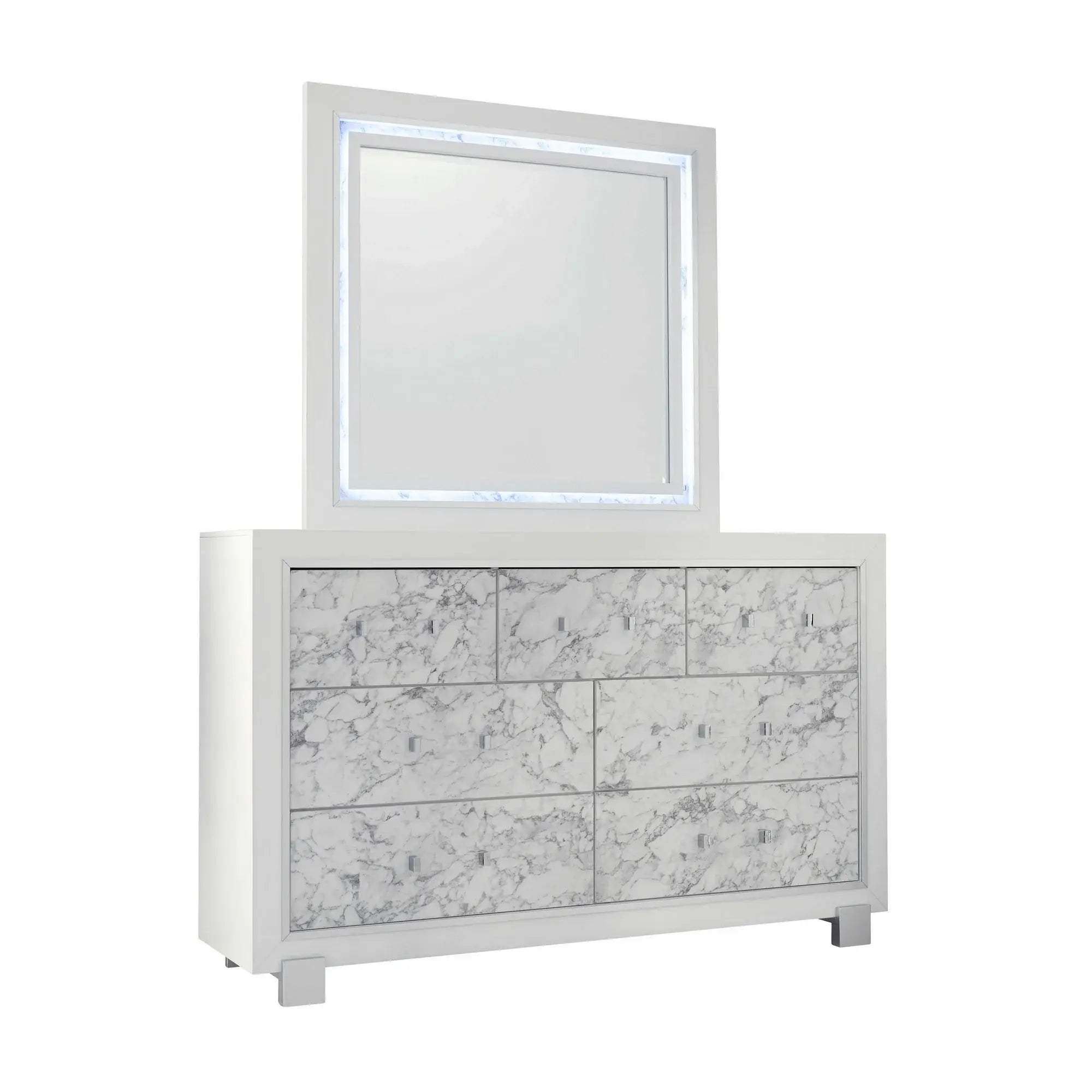Modern White Mirror With Faux Marble Border Detail Led Lightning - Homeroots - Flyclothing LLC
