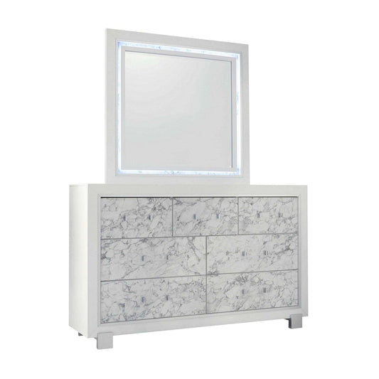 Modern White Mirror With Faux Marble Border Detail Led Lightning - Homeroots - Flyclothing LLC