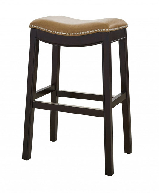 31" Tan And Espresso Faux Leather And Solid Wood Backless Counter Height Bar Chair