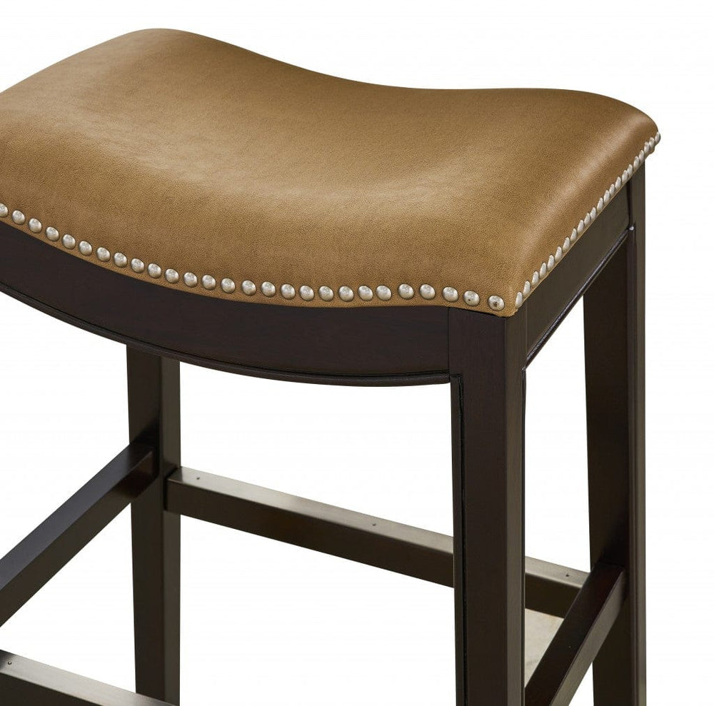 31" Tan And Espresso Faux Leather And Solid Wood Backless Counter Height Bar Chair - Homeroots - Flyclothing LLC