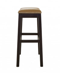 31" Tan And Espresso Faux Leather And Solid Wood Backless Counter Height Bar Chair