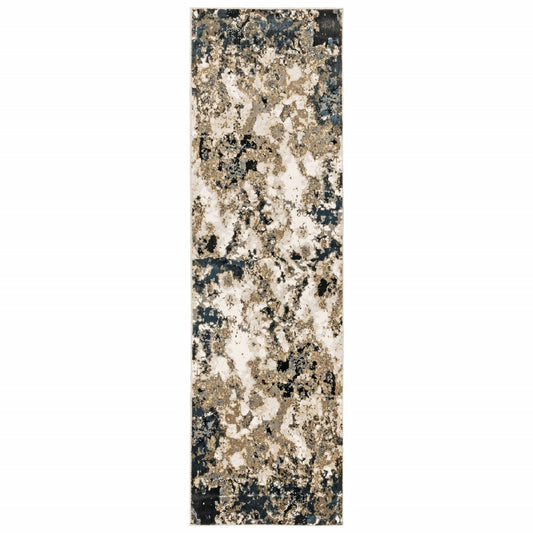 2' X 8' Ivory Navy Abstract Marble Indoor Runner Rug - Homeroots