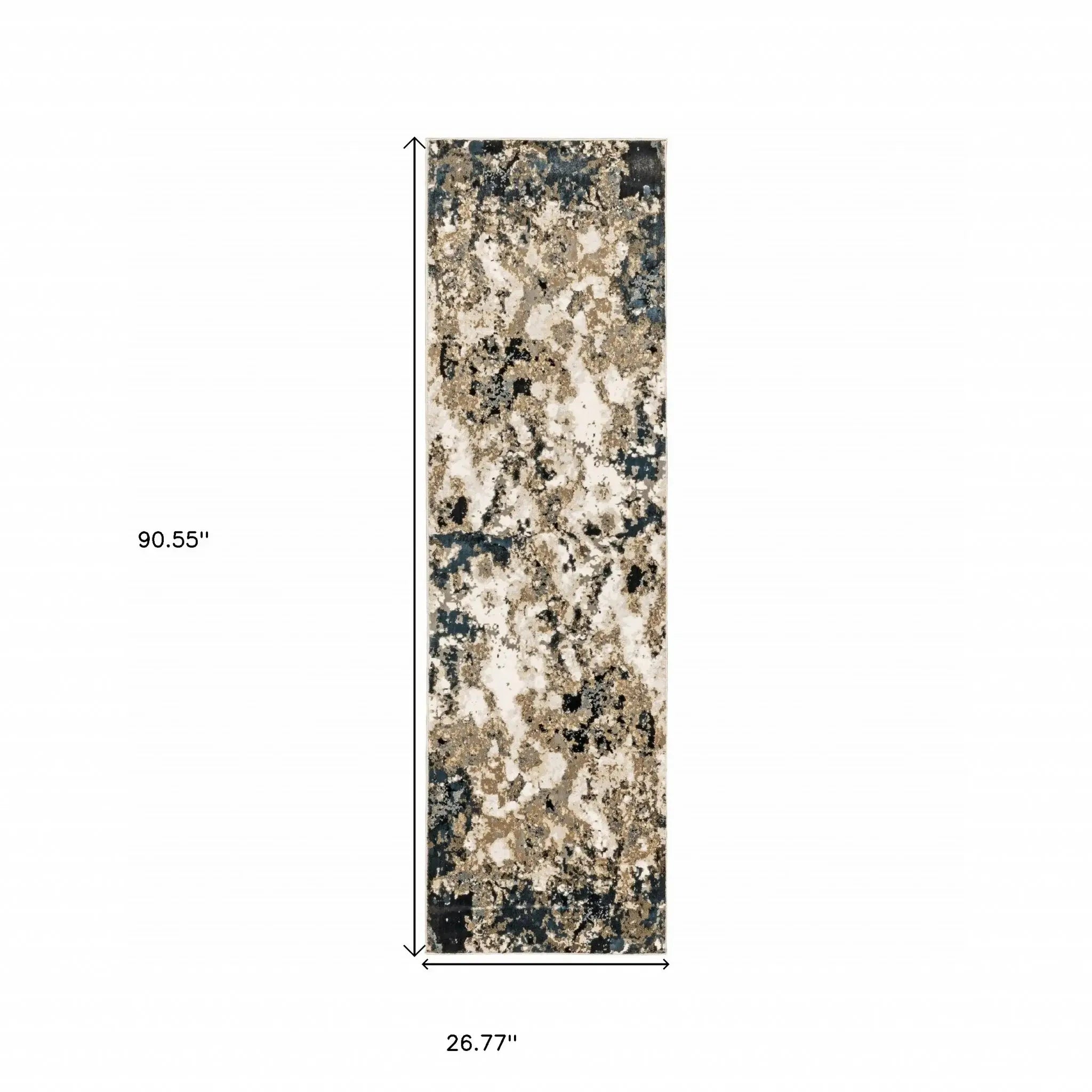 2' X 8' Ivory Navy Abstract Marble Indoor Runner Rug - Homeroots - Flyclothing LLC
