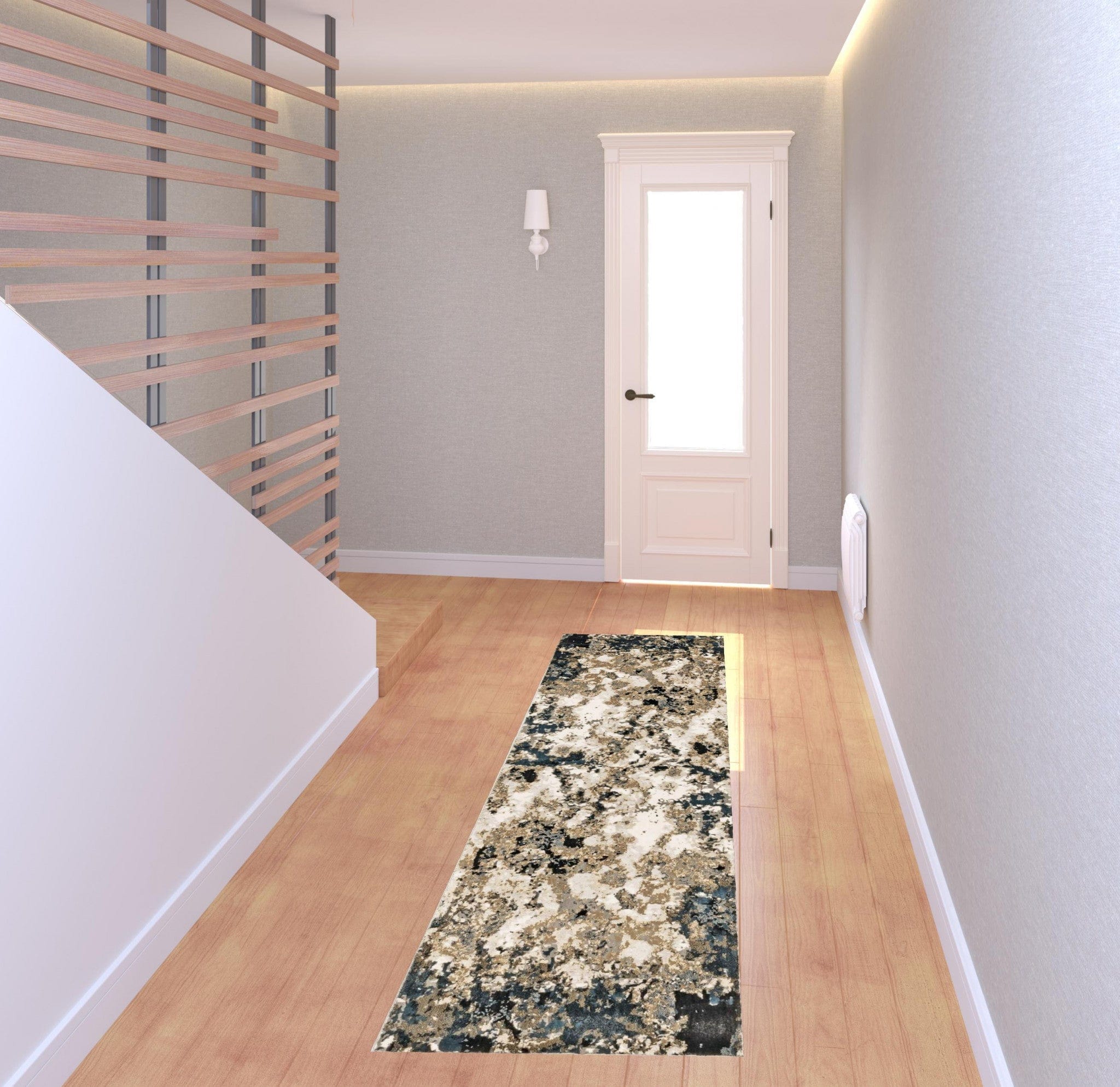 2' X 8' Ivory Navy Abstract Marble Indoor Runner Rug - Homeroots